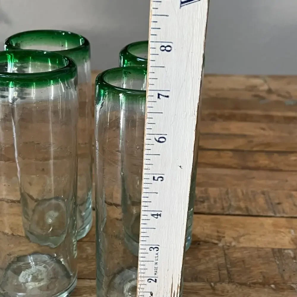 Hand Blown Mexican Green Rim Highball Glass Tumblers 7